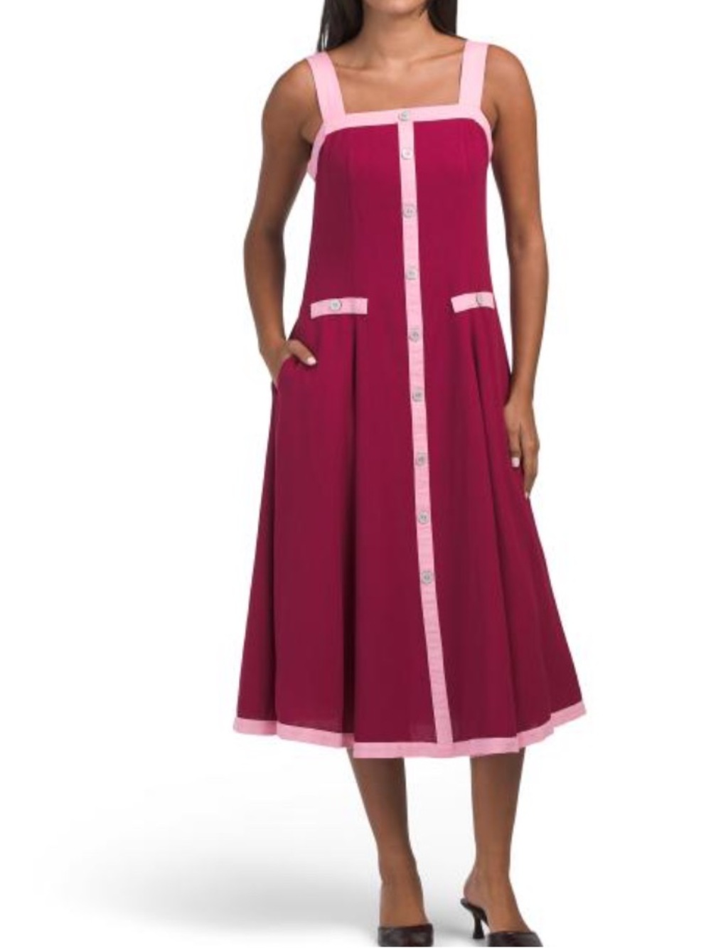 Nicole Miller Sleeveless Midi Dress with Contrast Trim - Raspberry Pink